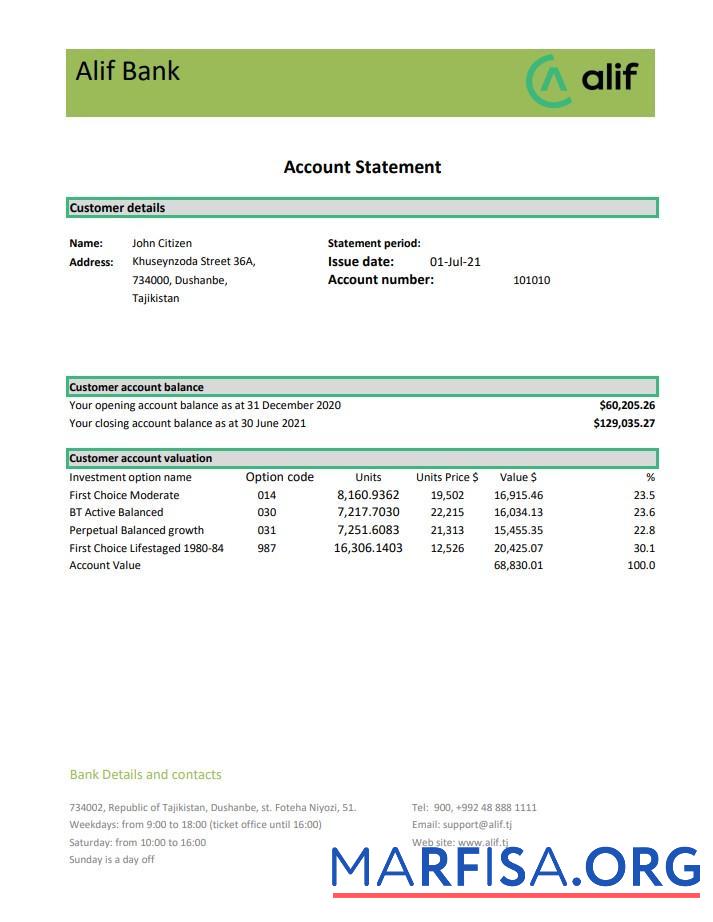 Blank Tajikistan Alif bank statement excel sample